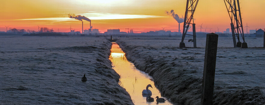 Bevroren weiland met energiemast en bedrijven op de achtergrond