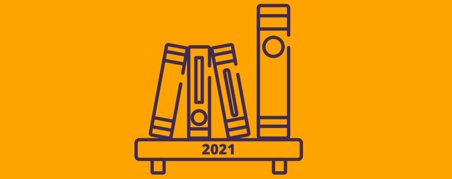 Een oranje achtergrond met een illustratie van een boekenplank waarop 2021 staat