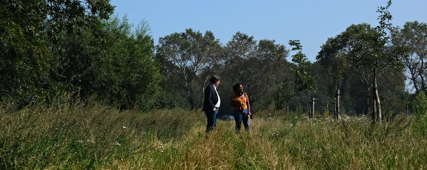 Ton en Oglaya staan in een veld bij het gekapte deel van het Sterrebos