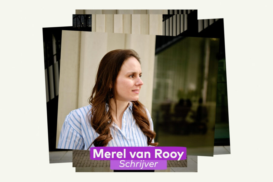 Een stapel foto's waarvan op de bovenste foto een portret van een vrouw staat met een gestreept shirt die in de verte kijkt